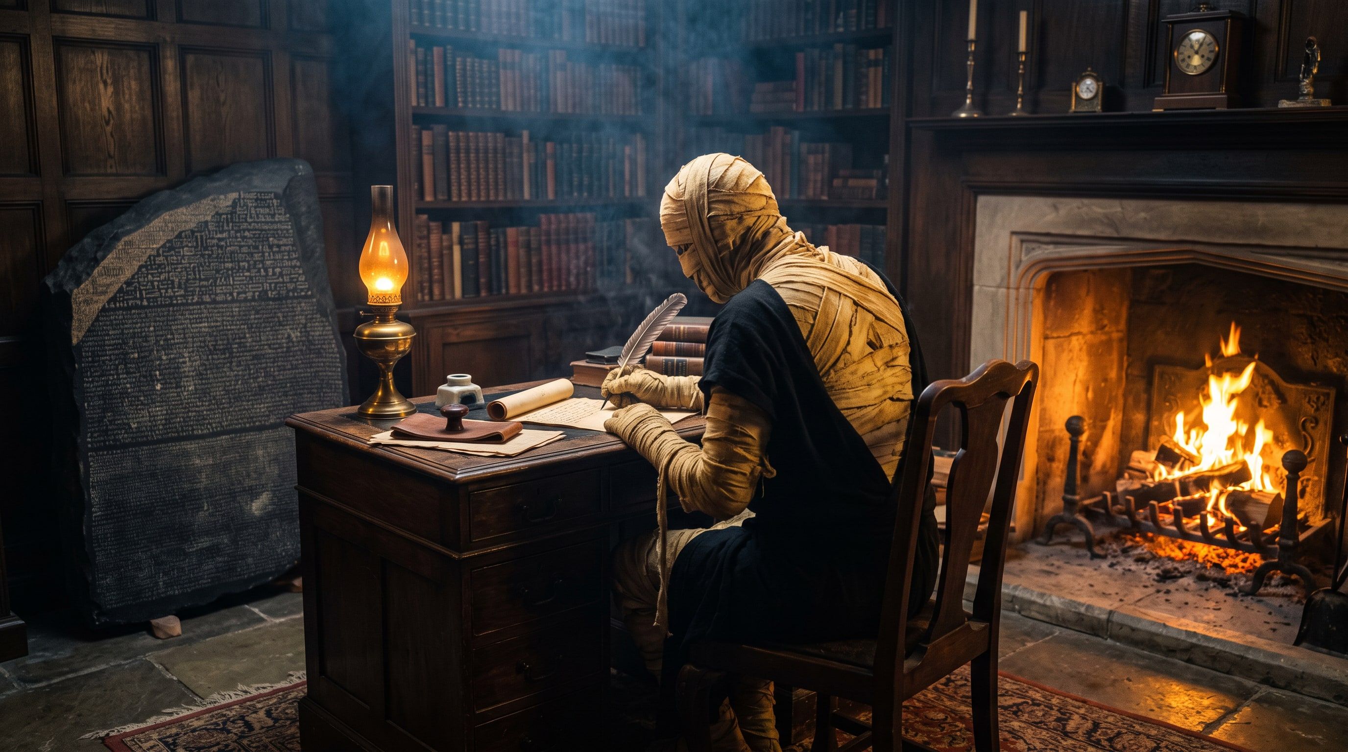 A linen-wrapped mummy writes with a quill at an oak desk by the light of an oil lamp. The Rosetta Stone leans against the panelled wall beside him, a fire burns in the hearth, and bookshelves fill the room.